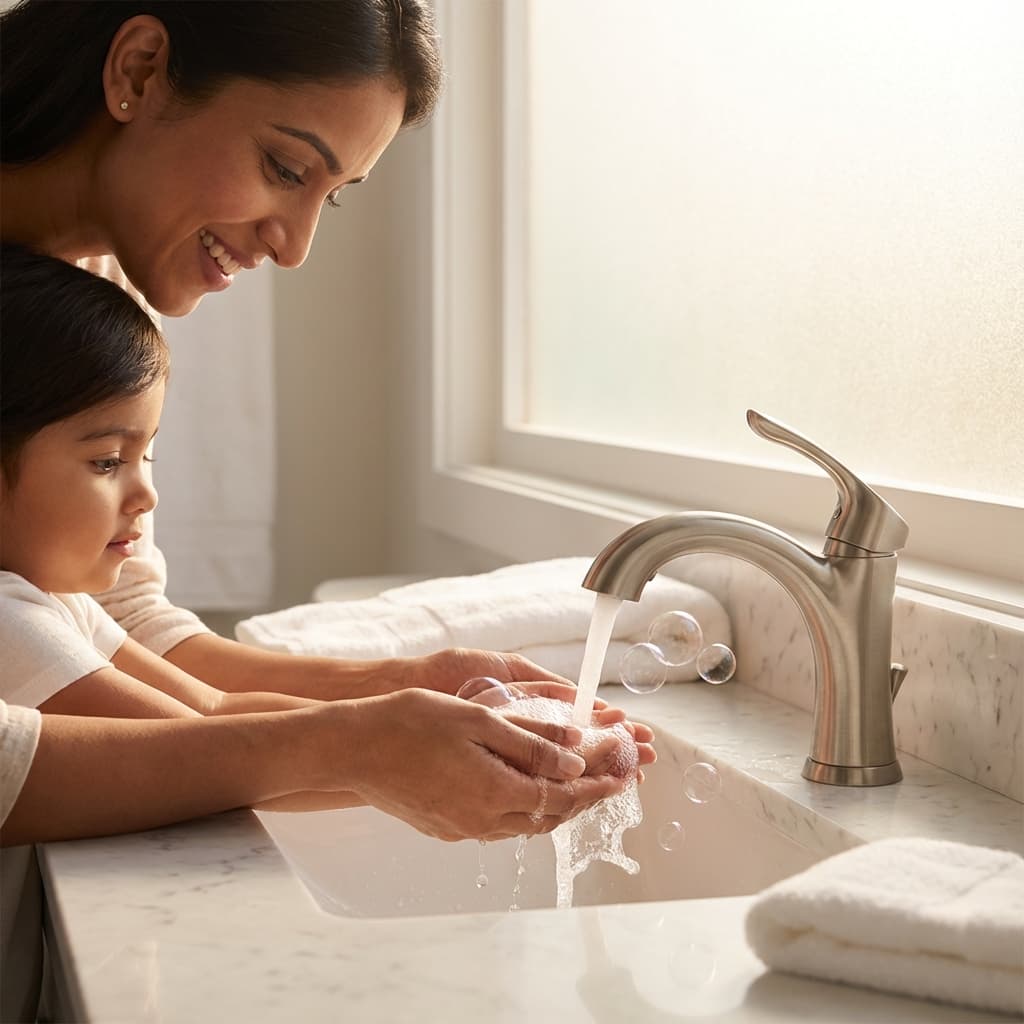 Mother washing child's hands